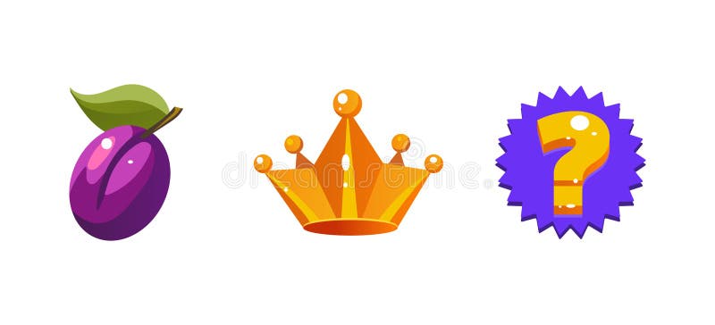 Símbolos de la máquina tragaperras, fruta del ciruelo, corona, muestra de la pregunta, elemento de la interfaz de usuario del jue ilustración del vector