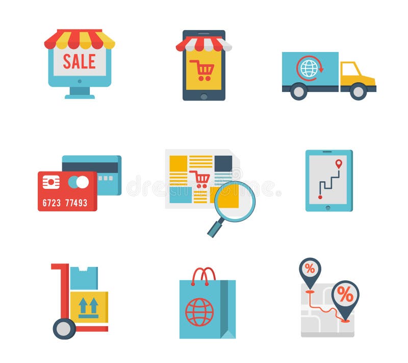Símbolos del comercio electrónico y elementos de las compras de Internet ilustración del vector Símbolos del comercio electrónico y elementos de las compras de Internet ilustración del vector