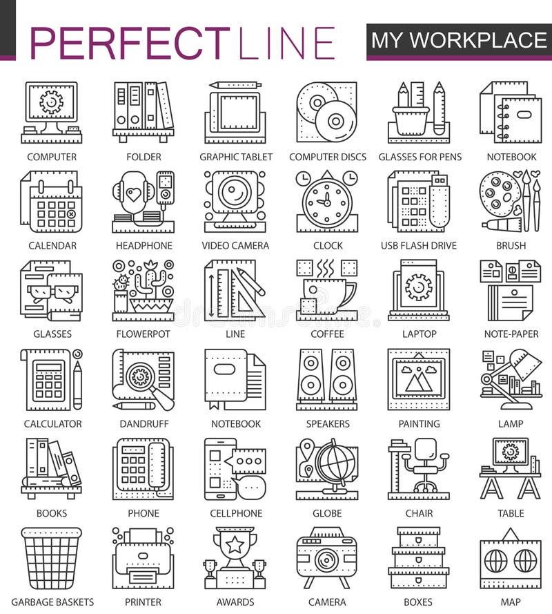 Símbolos do conceito do esboço do espaço de trabalho do escritório mini Ilustrações lineares do estilo do curso moderno ajustadas ilustração do vetor Símbolos do conceito do esboço do espaço de trabalho do escritório mini Ilustrações lineares do estilo do curso moderno ajustadas ilustração do vetor