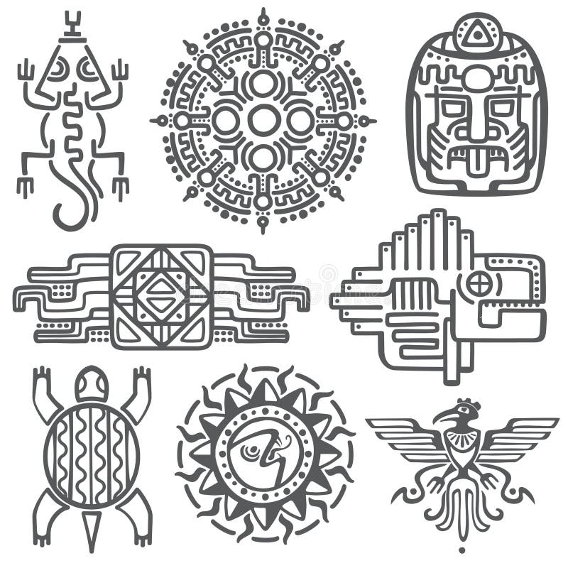 Símbolos mexicanos antigos da mitologia do vetor asteca americano, testes padrões nativos do totem da cultura maia