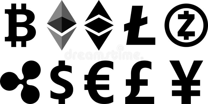 Símbolos negros del cryptocurrency en blanco ilustración del vector
