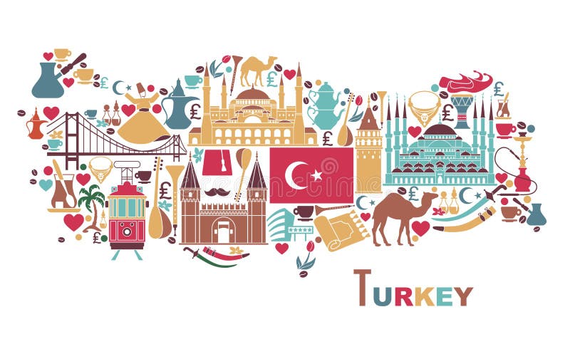 Set of country Turkey culture and traditional symbols. Collection of icons mosque and tower, hookah, tea, musical instruments in the form of map. Set of country Turkey culture and traditional symbols. Collection of icons mosque and tower, hookah, tea, musical instruments in the form of map