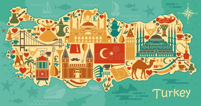 Set of country Turkey culture and traditional symbols. Collection of icons mosque and tower, hookah, tea, musical instruments in the form of map. Set of country Turkey culture and traditional symbols. Collection of icons mosque and tower, hookah, tea, musical instruments in the form of map