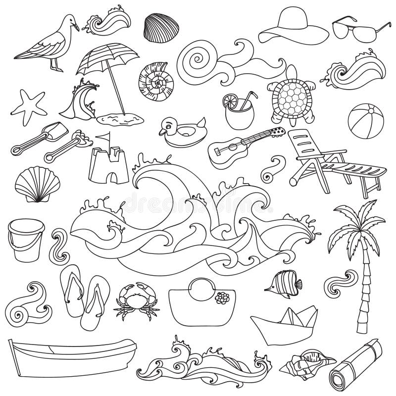 Símbolos y objetos dibujados mano del vector de la playa del verano ilustración del vector