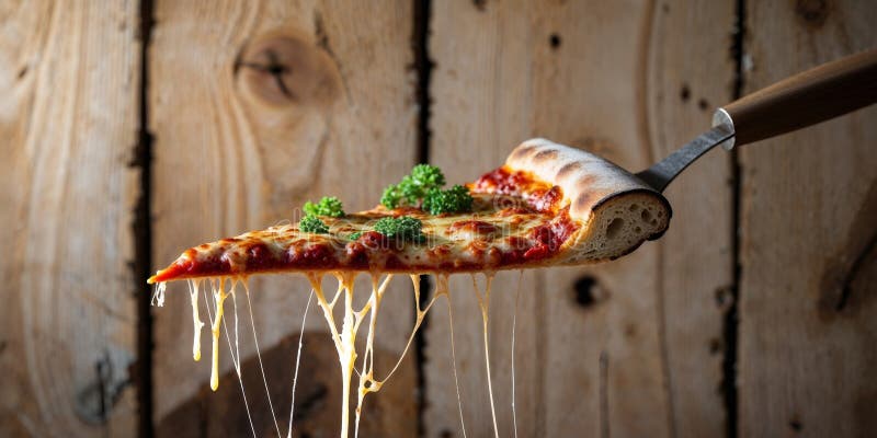 Sótano rústico de madera con una rebanada de pizza para hacer agua dulce levantada con queso de cabra. foto de archivo