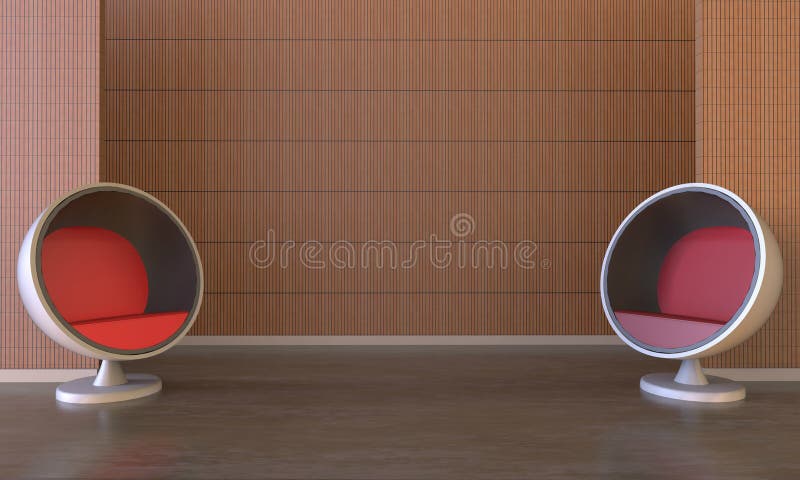 Sótão e luxo moderno da sala que vivem com a parede de madeira e a cadeira vermelha do círculo foto de stock royalty free Sótão e luxo moderno da sala que vivem com a parede de madeira e a cadeira vermelha do círculo foto de stock royalty free