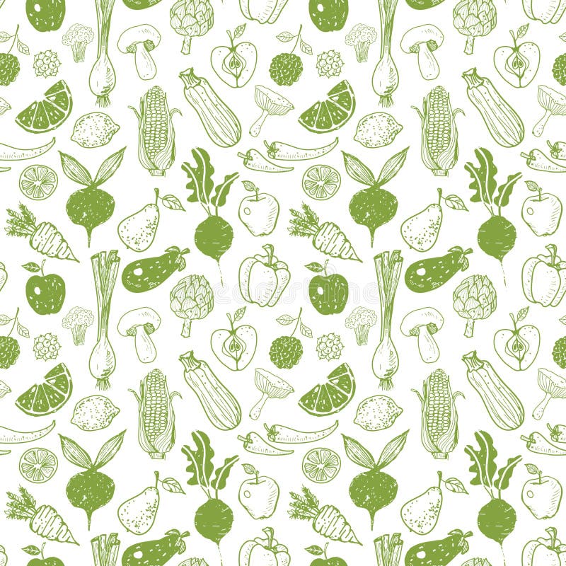 Sömlös bakgrund med klottergrönsaker och frukter Vektorn skissar illustrationen stock illustrationer Sömlös bakgrund med klottergrönsaker och frukter Vektorn skissar illustrationen stock illustrationer