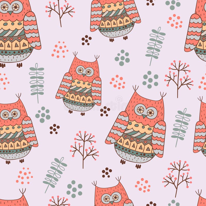 Sömlös bakgrund med roliga tecknad filmugglor stock illustrationer Sömlös bakgrund med roliga tecknad filmugglor stock illustrationer