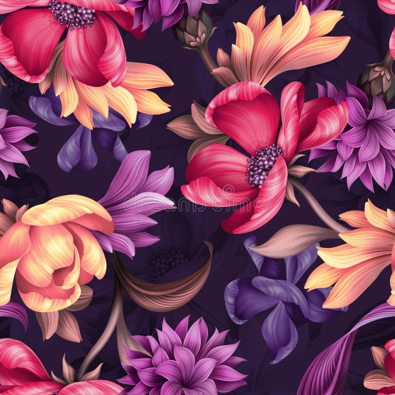 Sömlös blom- modell, lösa röda purpurfärgade blommor, botanisk illustration, färgrik bakgrund, textildesign