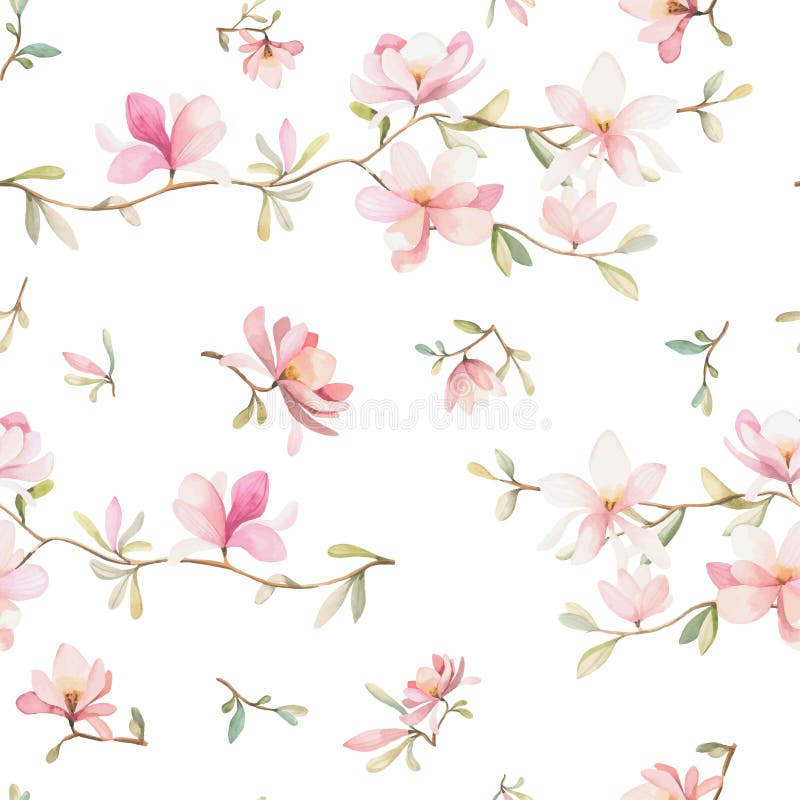 Sömlös blom- modell med magnolior på en vit bakgrund, vattenfärg vektor illustrationer Sömlös blom- modell med magnolior på en vit bakgrund, vattenfärg vektor illustrationer