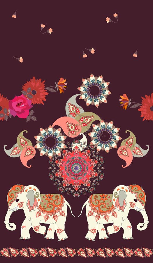Sömlös etnisk tappningmodell med indiska elefanter för gullig tecknad film, mandalaen, blommor och den paisley prydnaden på mörk stock illustrationer Sömlös etnisk tappningmodell med indiska elefanter för gullig tecknad film, mandalaen, blommor och den paisley prydnaden på mörk stock illustrationer