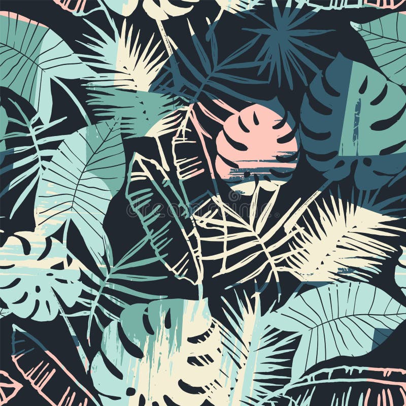 Sömlös exotisk modell med tropiska växter och konstnärlig bakgrund