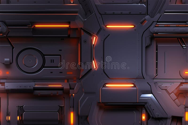 Sömlös, futuristisk, svart väggdesign med glödande orange accenter och invecklade mönster royaltyfri illustrationer