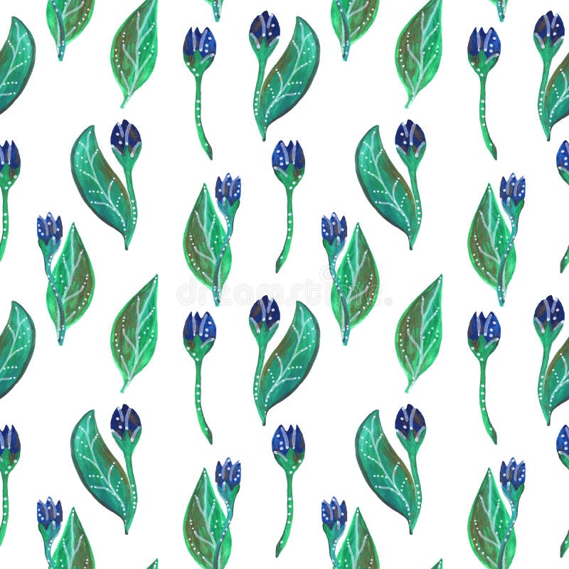 Sömlös gouachemodell av blåa blommor och sidor stock illustrationer Sömlös gouachemodell av blåa blommor och sidor stock illustrationer