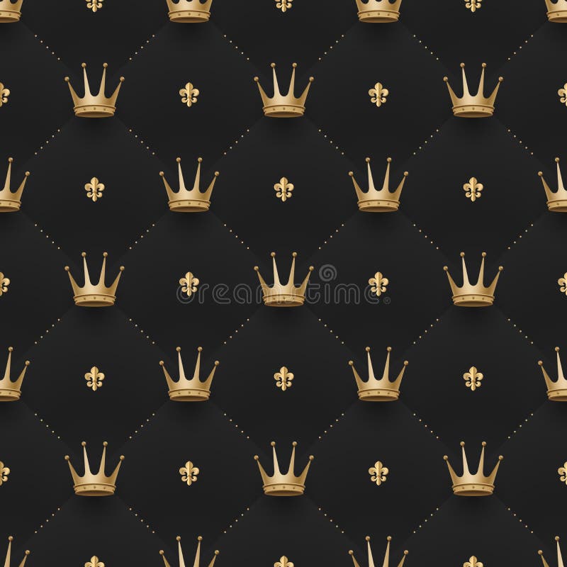 Sömlös guld- modell med konungkronor och fransk lilja på en bakgrund för mörk svart också vektor för coreldrawillustration stock illustrationer Sömlös guld- modell med konungkronor och fransk lilja på en bakgrund för mörk svart också vektor för coreldrawillustration stock illustrationer