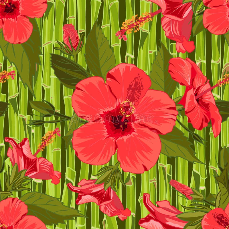 Sömlös hand dragen tropisk modell med den exotiska hibiskusblomman för djungel på bambubakgrund stock illustrationer Sömlös hand dragen tropisk modell med den exotiska hibiskusblomman för djungel på bambubakgrund stock illustrationer