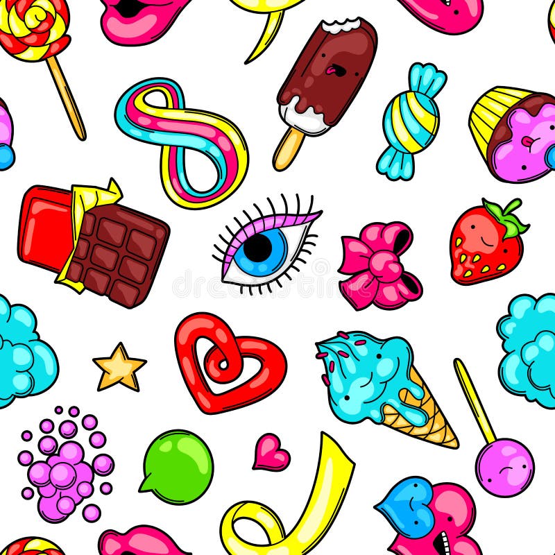 Sömlös kawaiimodell med sötsaker och godisar Galet sötsak-material i tecknad filmstil vektor illustrationer Sömlös kawaiimodell med sötsaker och godisar Galet sötsak-material i tecknad filmstil vektor illustrationer