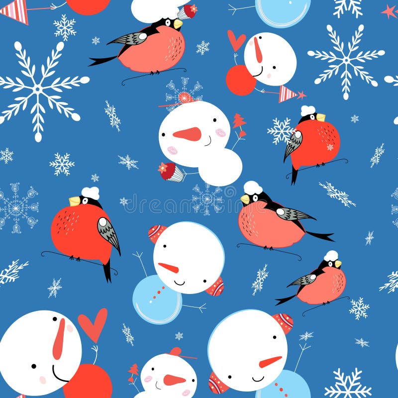 Sömlös ljus vintermodell av domherreer och snögubbear vektor illustrationer