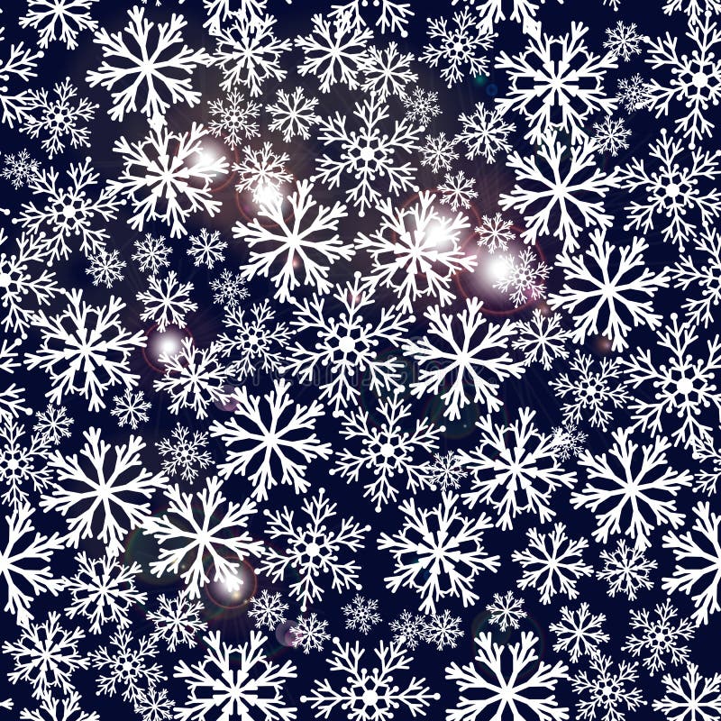 Sömlös marinblå bakgrund med snöflingor Modellsnöfall med brusandesignalljus stock illustrationer