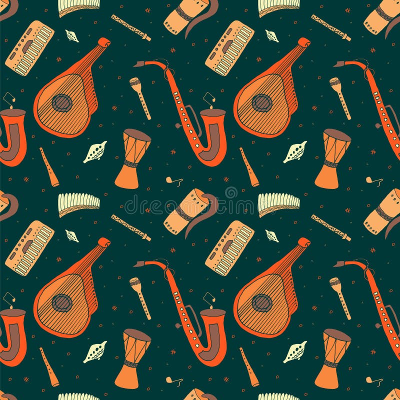 Sömlös modell av hand drog traditionella slaviska ukrainska musikinstrument vektor illustrationer Sömlös modell av hand drog traditionella slaviska ukrainska musikinstrument vektor illustrationer