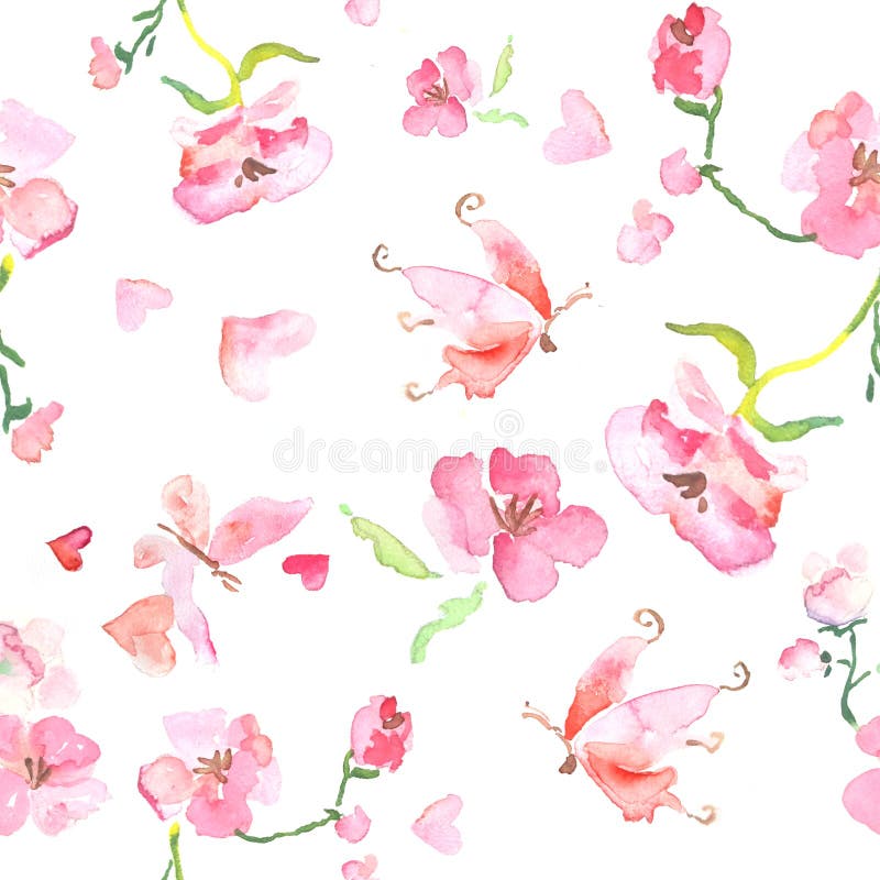 Sömlös modell av rosa blomma blommor för vattenfärg och fjärilen, valentindag, moderdag vektor illustrationer Sömlös modell av rosa blomma blommor för vattenfärg och fjärilen, valentindag, moderdag vektor illustrationer