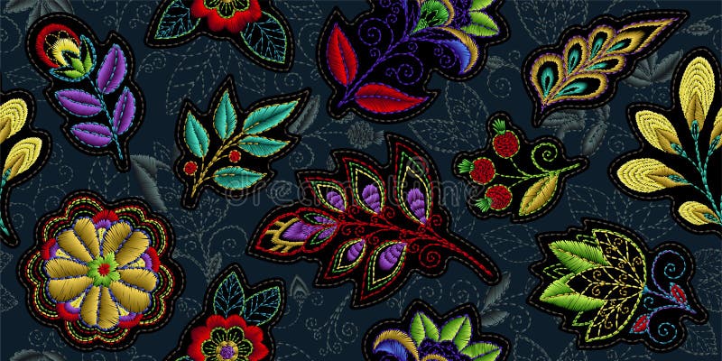 Sömlös modell för broderi med härliga blommor Handgjord blom- prydnad för vektor på mörk bakgrund Broderi för vektor illustrationer Sömlös modell för broderi med härliga blommor Handgjord blom- prydnad för vektor på mörk bakgrund Broderi för vektor illustrationer