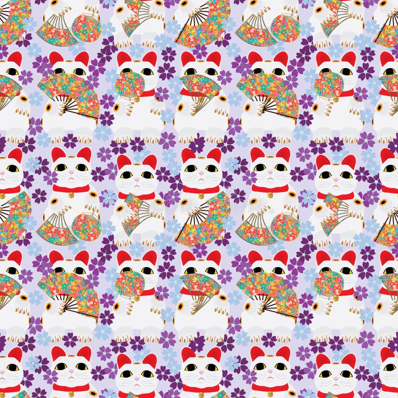 This illustration is Maneki neko playing with Japanese fan in seamless pattern. This illustration is Maneki neko playing with Japanese fan in seamless pattern.