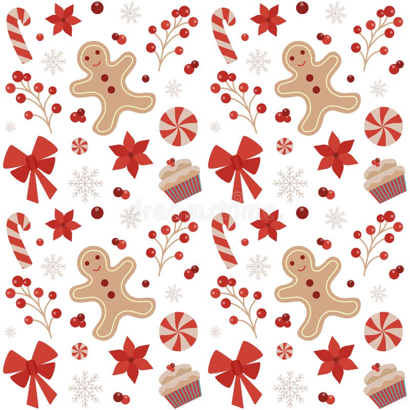 Christmas seamless pattern with gingerbread mans, snowflakes, candy canes, berries, flowers and sweets on white background. Vintage decorative Xmas ornament for fabric and gift wrapping paper. Christmas seamless pattern with gingerbread mans, snowflakes, candy canes, berries, flowers and sweets on white background. Vintage decorative Xmas ornament for fabric and gift wrapping paper.