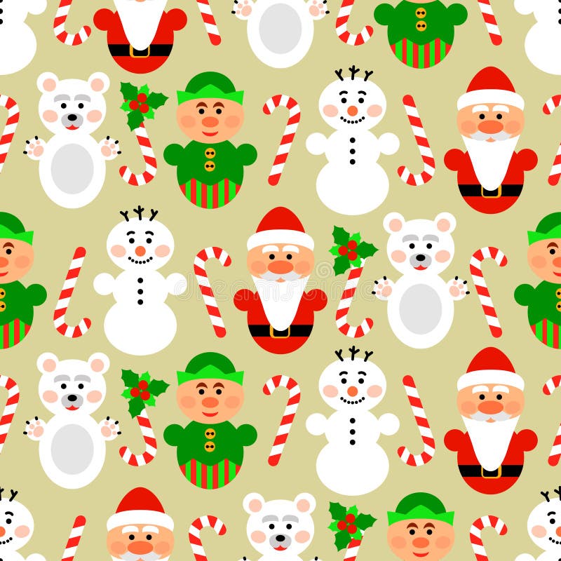 Sömlös modell för jul med tecken, beiga vektor illustrationer Sömlös modell för jul med tecken, beiga vektor illustrationer