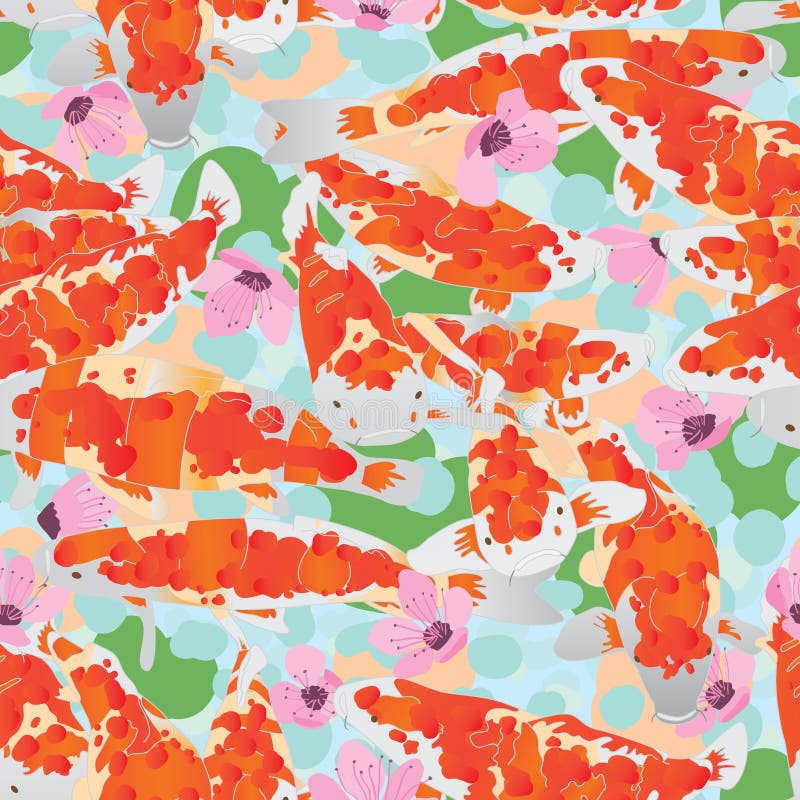 This illustration is Koi fish orange color cherries blossom decor leaves lotus seamless pattern graphic texture. This illustration is Koi fish orange color cherries blossom decor leaves lotus seamless pattern graphic texture.