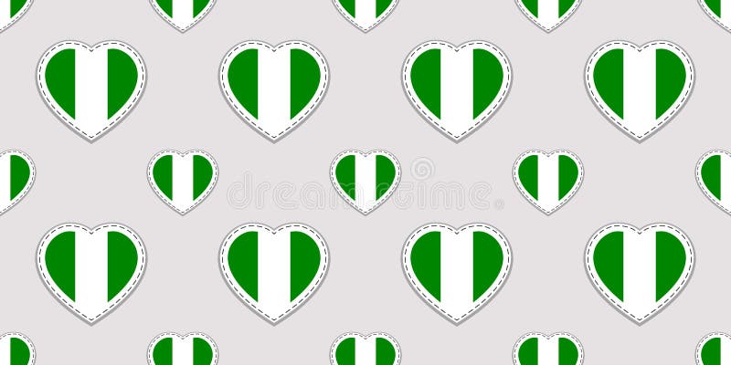 Sömlös modell för Nigeria flagga Nigerianska nationsflaggastikers Symboler för vektorförälskelsehjärtor Bakgrund för sportsidor, stock illustrationer Sömlös modell för Nigeria flagga Nigerianska nationsflaggastikers Symboler för vektorförälskelsehjärtor Bakgrund för sportsidor, stock illustrationer