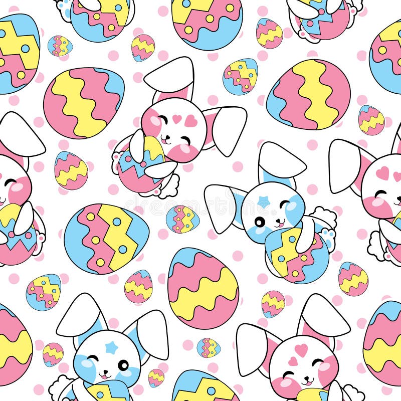 Sömlös modell för påsk med den gulliga kaninen och färgrikt ägg på polkadotbakgrund för ungetapet och restpapper royaltyfri illustrationer Sömlös modell för påsk med den gulliga kaninen och färgrikt ägg på polkadotbakgrund för ungetapet och restpapper royaltyfri illustrationer