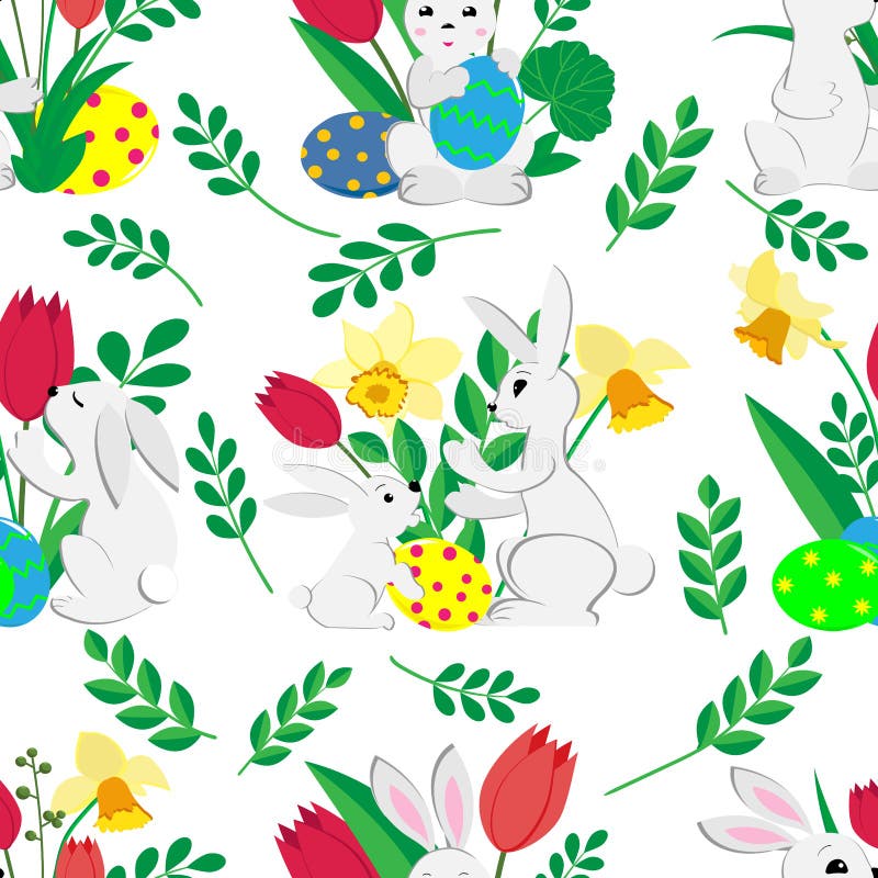 Sömlös modell för påsk med gulliga kaniner, målade ägg och vårtulpan och påskliljor på vit bakgrund stock illustrationer Sömlös modell för påsk med gulliga kaniner, målade ägg och vårtulpan och påskliljor på vit bakgrund stock illustrationer