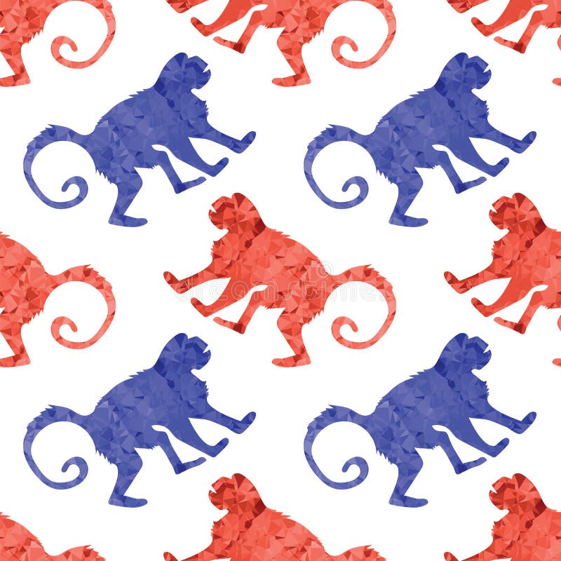 Sömlös modell för röd blå apa Lös tropisk däggdjurs- djur apasymbol Symbol av zodiak Gorilla Polygonal Silhouette royaltyfri illustrationer Sömlös modell för röd blå apa Lös tropisk däggdjurs- djur apasymbol Symbol av zodiak Gorilla Polygonal Silhouette royaltyfri illustrationer