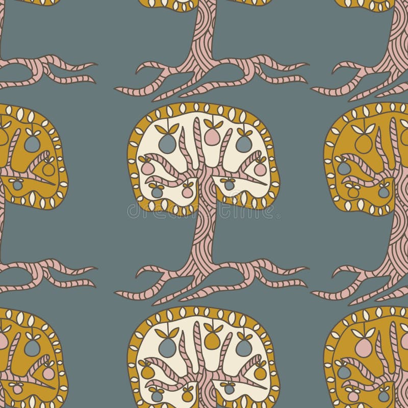 Sömlös modell för skogklotter Bakgrund med fantasiäppleträdet stock illustrationer Sömlös modell för skogklotter Bakgrund med fantasiäppleträdet stock illustrationer