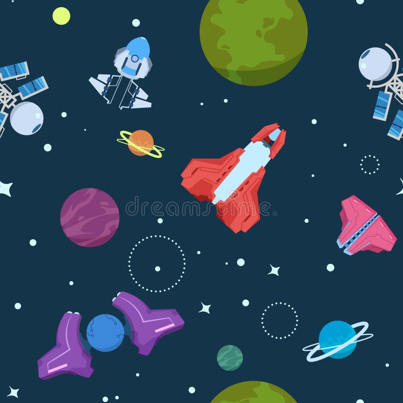 Sömlös modell för tecknad filmutrymme Främmande planetufo-raket och missiler Tapet för vektor för rum för galaxungepojke royaltyfri illustrationer Sömlös modell för tecknad filmutrymme Främmande planetufo-raket och missiler Tapet för vektor för rum för galaxungepojke royaltyfri illustrationer