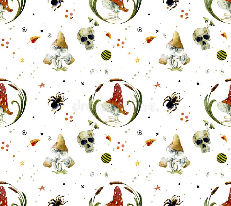Sömlös modell för vattenfärg av halloween beståndsdelar Ljusa hand-drog beståndsdelar royaltyfri illustrationer Sömlös modell för vattenfärg av halloween beståndsdelar Ljusa hand-drog beståndsdelar royaltyfri illustrationer