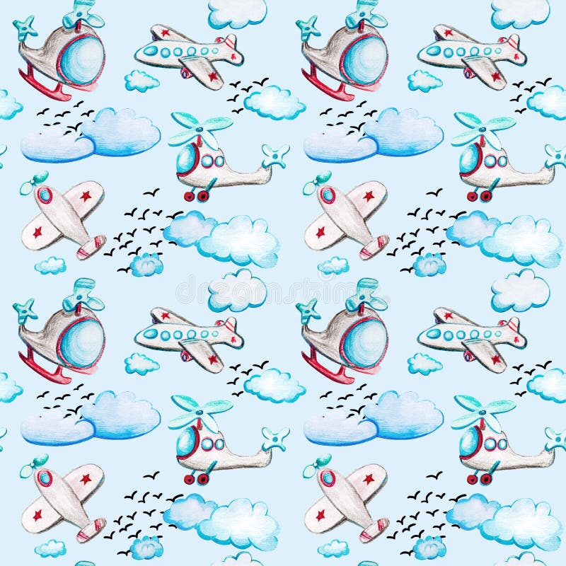 Sömlös modell för vattenfärg med flygplan och helikoptrar, moln och fåglar royaltyfri illustrationer Sömlös modell för vattenfärg med flygplan och helikoptrar, moln och fåglar royaltyfri illustrationer