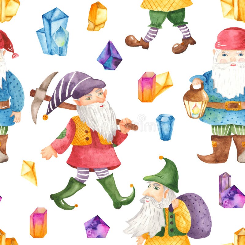 Sömlös modell för vattenfärg med gulliga dvärgar och kristaller vektor illustrationer Sömlös modell för vattenfärg med gulliga dvärgar och kristaller vektor illustrationer