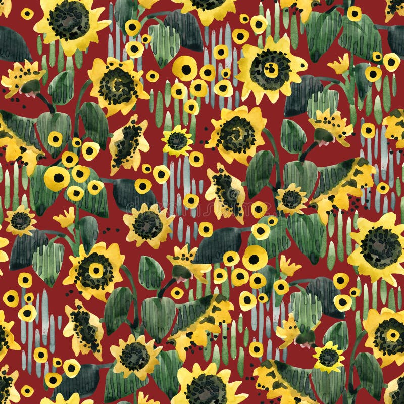 Sömlös modell för vattenfärg med solrosfältet stock illustrationer Sömlös modell för vattenfärg med solrosfältet stock illustrationer