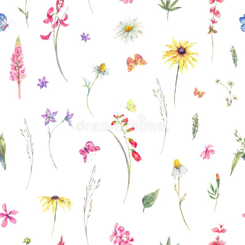 Sömlös modell för vattenfärg med vildblommor stock illustrationer Sömlös modell för vattenfärg med vildblommor stock illustrationer