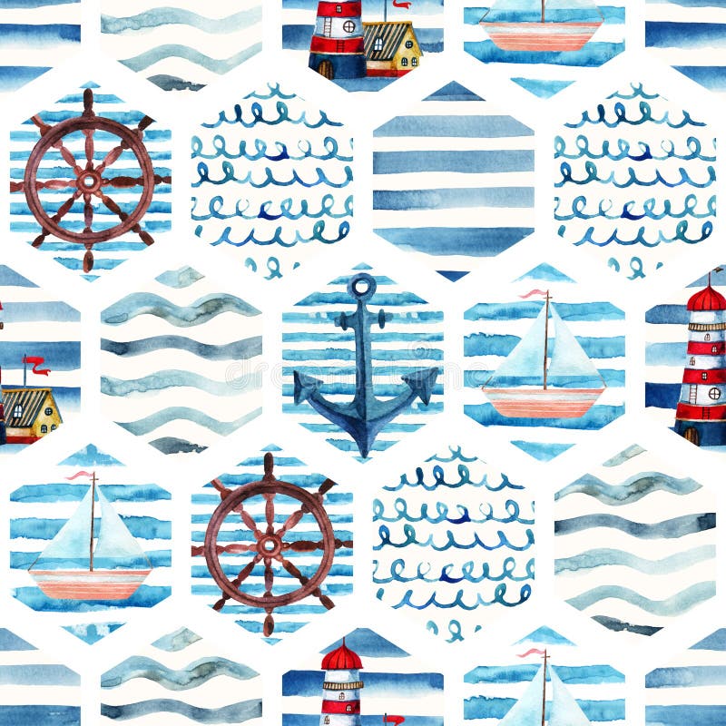 Sömlös modell för vattenfärgaffärsföretag i marin- stil för patchwork vektor illustrationer Sömlös modell för vattenfärgaffärsföretag i marin- stil för patchwork vektor illustrationer