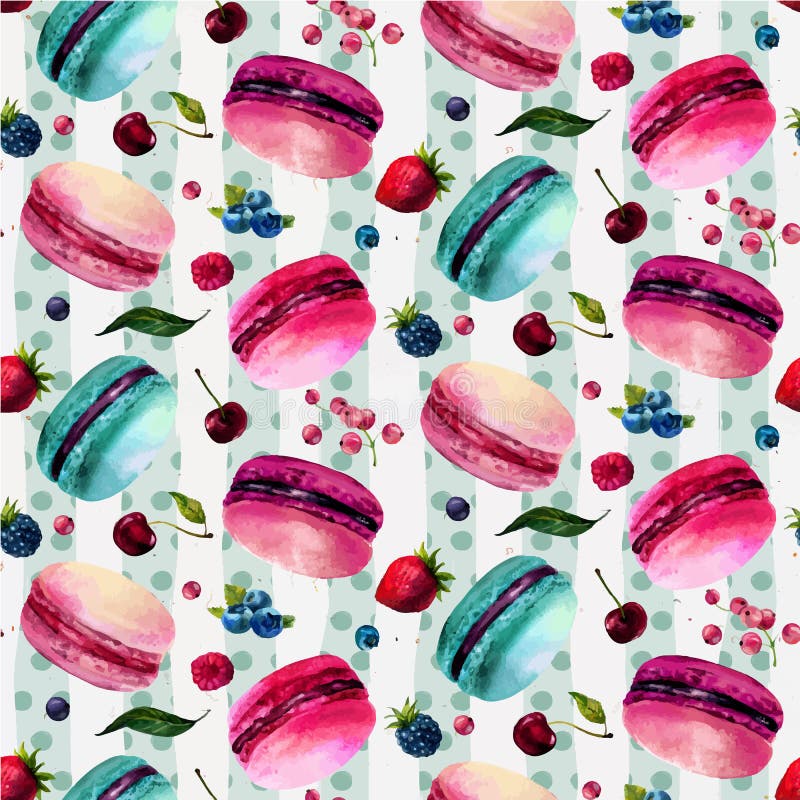 Sömlös modell för vattenfärgmacaron vektor illustrationer Sömlös modell för vattenfärgmacaron vektor illustrationer