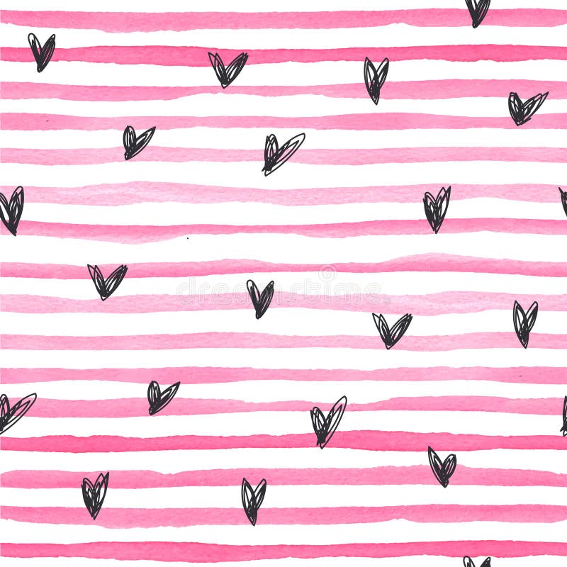 Sömlös modell för vattenfärgvektor med rosa horisontalhjärtor för svart hand för bandamd drog på en vit bakgrund stock illustrationer Sömlös modell för vattenfärgvektor med rosa horisontalhjärtor för svart hand för bandamd drog på en vit bakgrund stock illustrationer