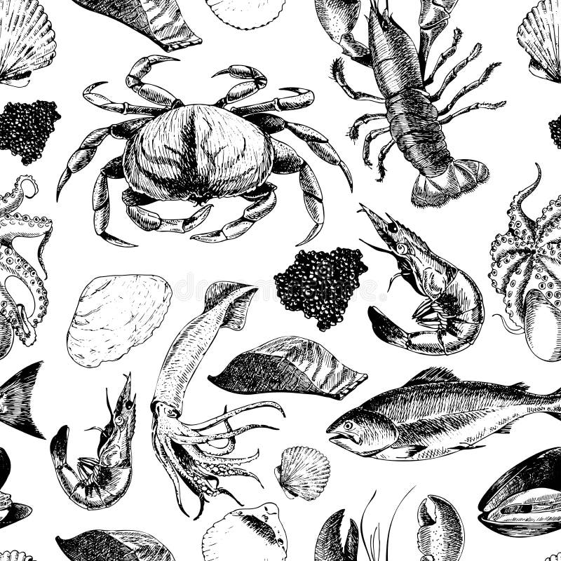 Sömlös modell för vektor av skaldjur Hummer, krabba, lax, kaviar, tioarmad bläckfisk, räka och musslor Hand drog inristade symbol