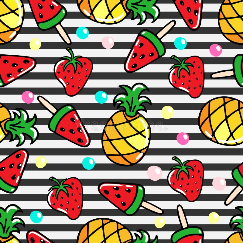 Sömlös modell för vektor med ananors, vattenmelon och srawberries på en randig bakgrund stock illustrationer Sömlös modell för vektor med ananors, vattenmelon och srawberries på en randig bakgrund stock illustrationer