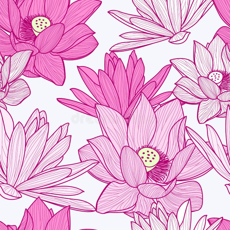 Sömlös modell för vektor med den härliga rosa lotusblommablomman blom- vektor illustrationer