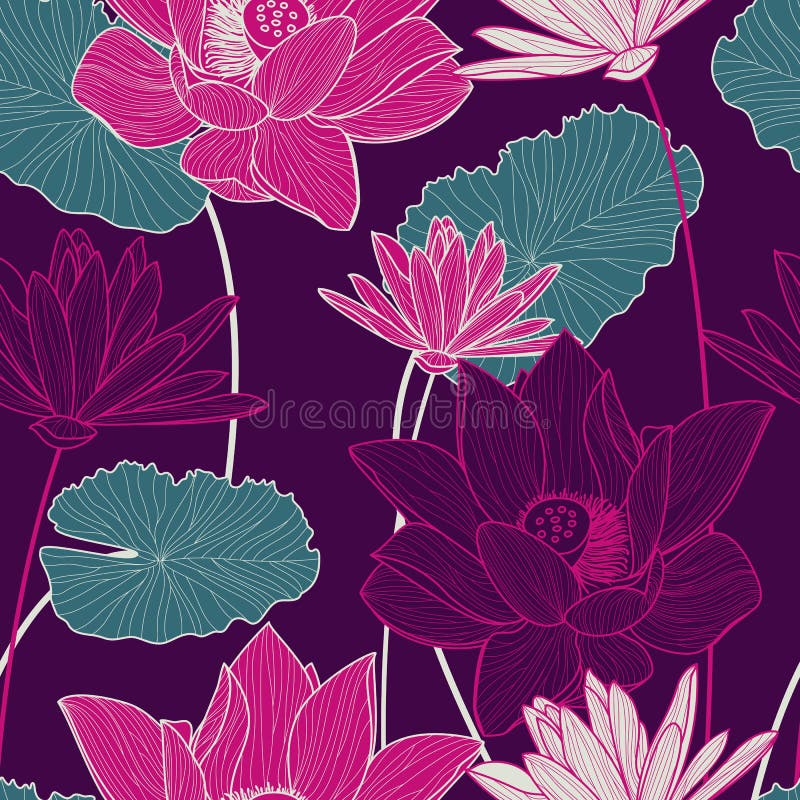 Sömlös modell för vektor med den härliga rosa lotusblommablomman och gre royaltyfri illustrationer