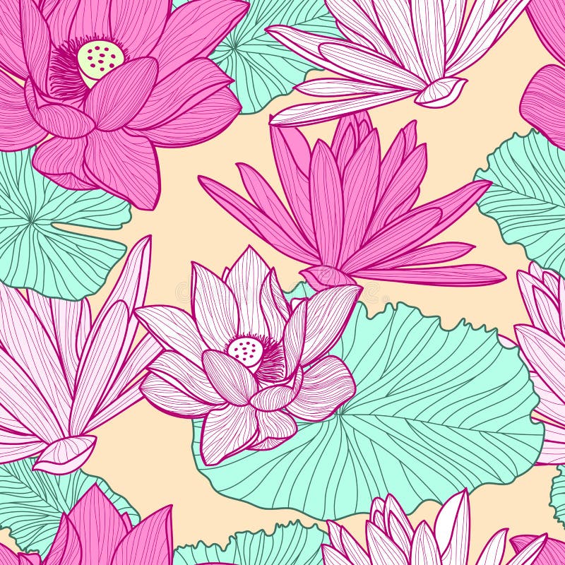 Sömlös modell för vektor med den härliga rosa lotusblommablomman och gre stock illustrationer