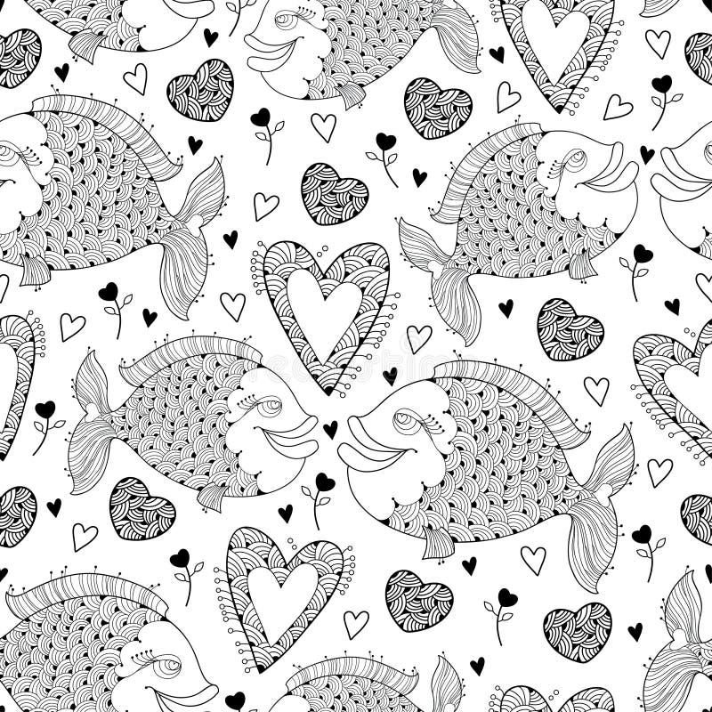 Sömlös modell för vektor med fisken och utsmyckad hjärta på viten Planlägg och semestra symboler i konturstil för valentindag vektor illustrationer Sömlös modell för vektor med fisken och utsmyckad hjärta på viten Planlägg och semestra symboler i konturstil för valentindag vektor illustrationer